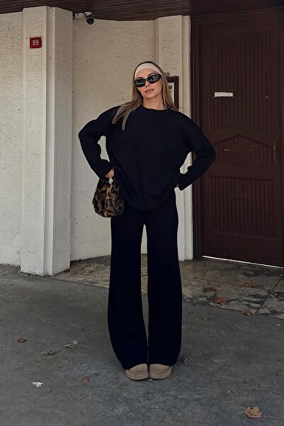 Swist Black Deg Ribbed Sweater-Pants Women's Knitwear Bottom-Top Set