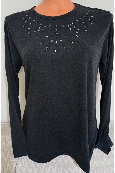 Anne Er Clothing Winter Cotton Combed Blouse Long Sleeve Crew Neck Stone Smoked