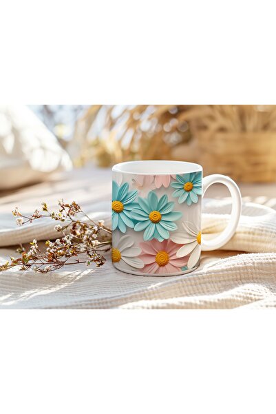 Beramussa كوب ذو مظهر زهري ثلاثي الأبعاد - كوب بلون أبيض وأزرق ووردي مستوحى من الطبيعة - بدون نقش