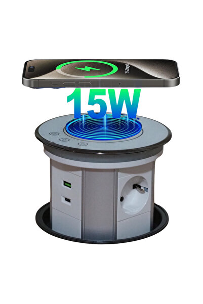 ATOMKIT Priza Incorporabila Retractabila ATOMKIT® One, Incarcare Wireless 15W, 3 Prize, 2 Porturi USB, Alb