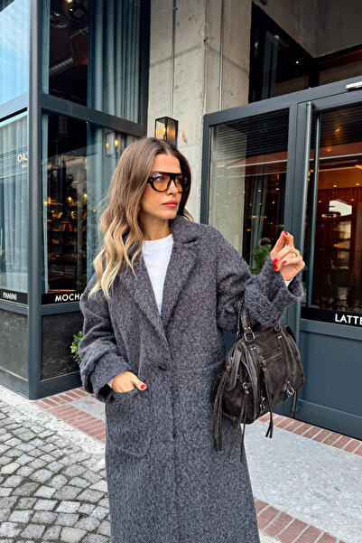 Sue Store Anthracite Wool Textured Lined Buttoned Coat