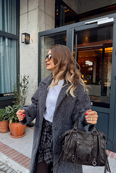 Sue Store Anthracite Wool Textured Lined Buttoned Coat