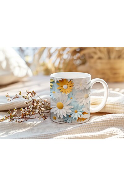 Beramussa كوب بتصميم زهرة الأقحوان ثلاثي الأبعاد – كوب مزين بزهور بيضاء وزرقا...