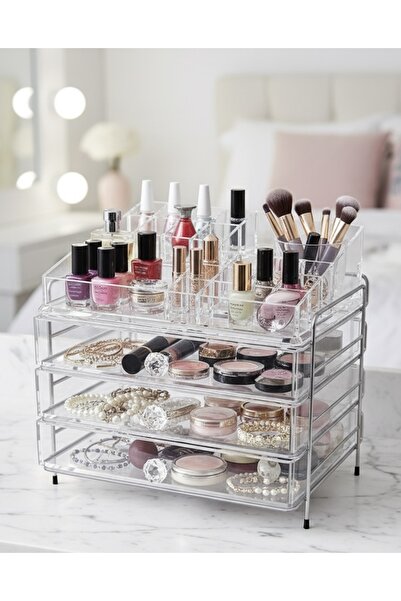 Noor منظم اكريليك شفاف للمكياج ومستلزمات التجميل، 3 ادراج وأقسام علوية