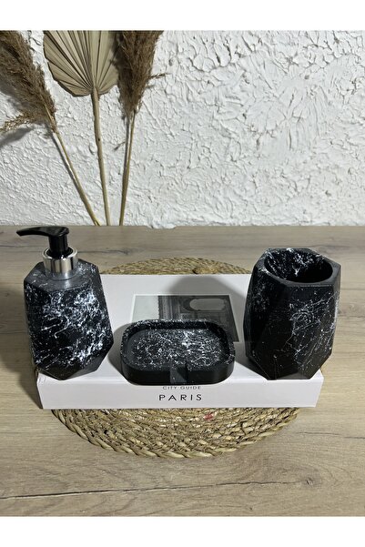 Zigzag Home Διακοσμητικό σετ μπάνιου 3 τεμαχίων με μαρμάρινο σχέδιο, δοχείο υγρού/στερεού σαπουνιού, θήκη οδοντόβουρτσας, θήκη για πετσέτες, σετ δίσκου