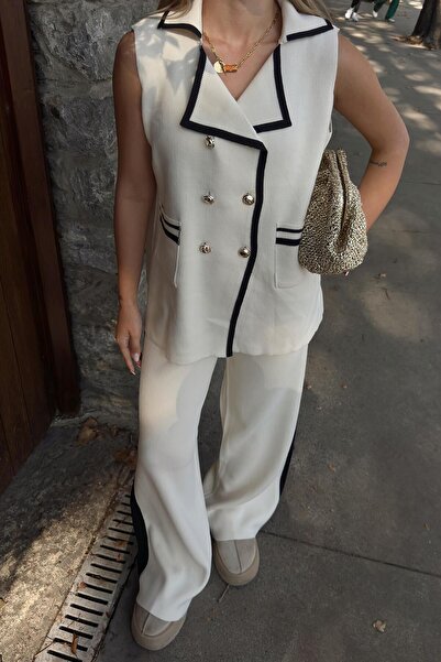 Swist Bej Kruvaze Şerit Detaylı Yelek-Pantolon Kadın Triko Alt Üst Takım