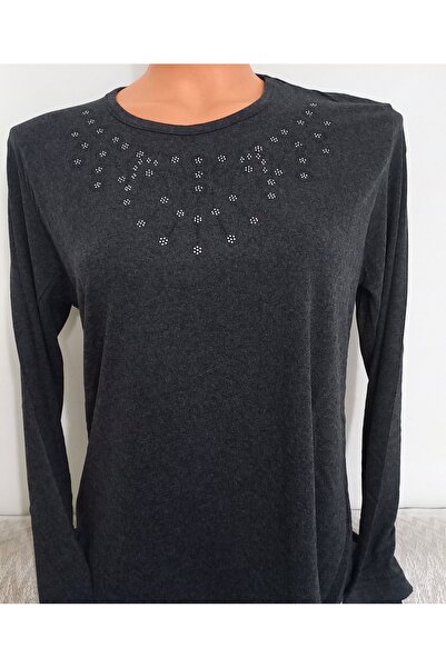 Anne Er Clothing Winter Cotton Combed Blouse Long Sleeve Crew Neck Stone Smoked