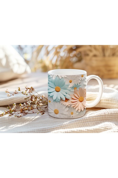 Beramussa 3D Flower Effect Mug – Natural Patterned Coffee Cup - Non-Embossed