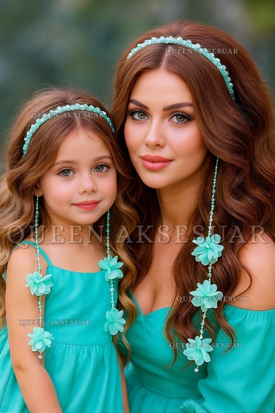 QUEEN AKSESUAR Double Pendant Flower Crystal Beaded Metal Crown Special Day Crown Women Children Water Green Turquoise Blue