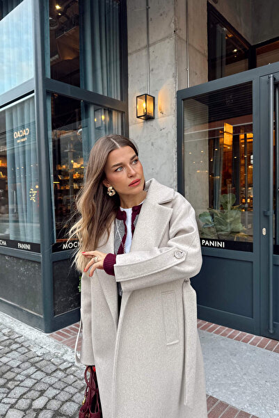 Sue Store Taş Rengi Kuşaklı Astarlı Oversize Kol Detay Yün Kaban