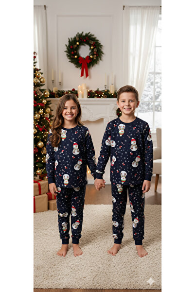 İsobel İDEAL SEPET-Lacivert Yeni Yıl Desenli %100 Pamuk Kız ve Erkek Çocuk Pijama Takımı 3-13 Yaş