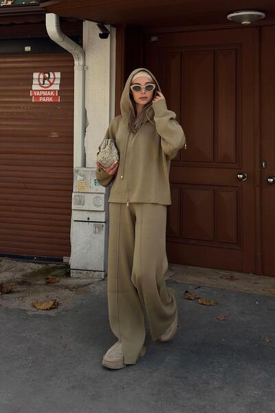 Swist Haki Çimalı Kapüşonlu Hırka-Pantolon Oversize Kadın Triko Alt Üst Takım