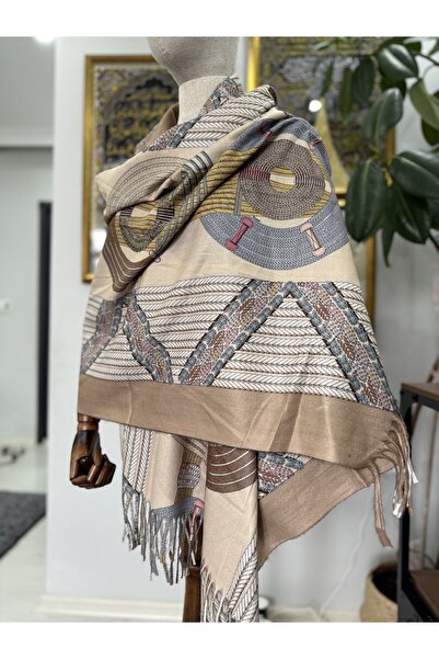 GÜMRÜKÇÜ İthal %100 Yün Cashmere Kahverengi Omuz Şalı Premium Kalite