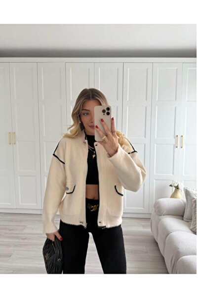 CADDELAMODA Women's Zippered Ribbed Bearded Soft Cardigan