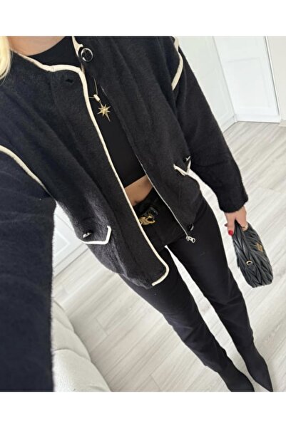 CADDELAMODA Women's Zippered Ribbed Bearded Soft Cardigan