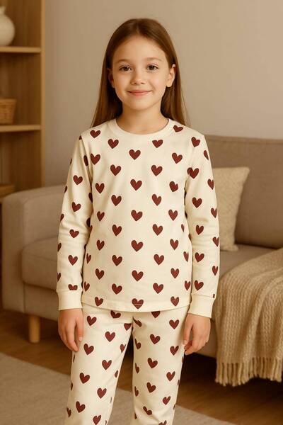 Krazber Girl's Heart Patterned Pajama Set 3-13 Years Old