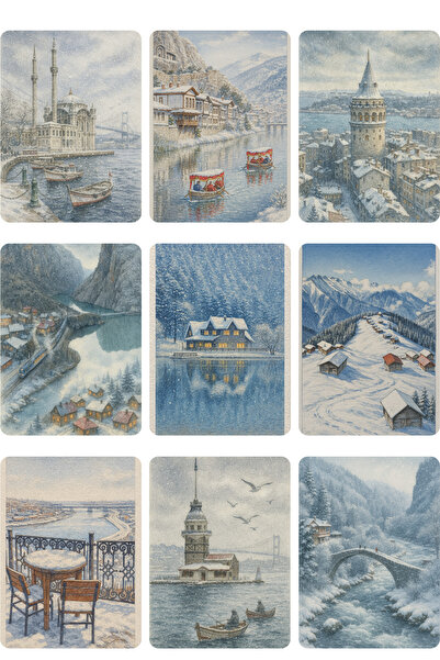 Dekals 9 Pieces Glitter Postcard Set New Year Nostalgia Anadolu Scenery Model -8