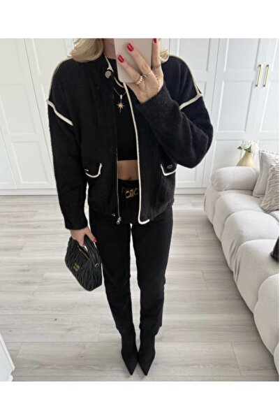 CADDELAMODA Women's Zippered Ribbed Bearded Soft Cardigan