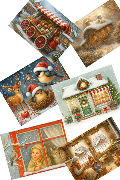 Dekals 9 Farklı Simli Kartpostal Seti Yılbaşı Yeniyıl Manzara Nostalji Pencer...