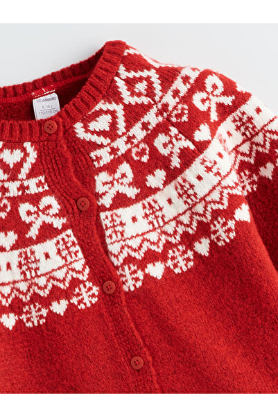 LC Waikiki Red Crew Neck Girls' Knitwear Cardigan