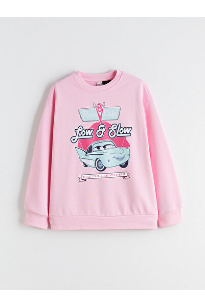 LC Waikiki Pink Crew Neck Cars Printed Girls' Sweatshirt