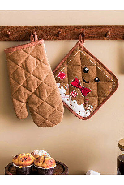 LC Waikiki Lcw Home Brown Yebu Printed Oven Mitts and Gloves