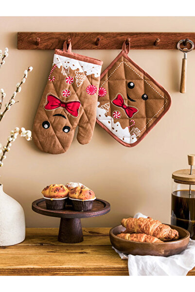 LC Waikiki Lcw Home Brown Yebu Printed Oven Mitts and Gloves