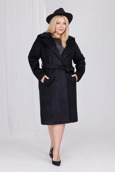 Mooi XXL Women's Black Wool Cashmere Belt and Lining Detail Plus Size Coat