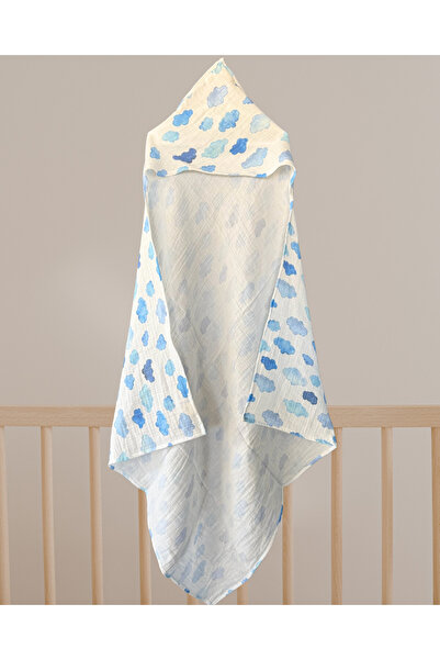 sarpelier Büyük Boy Kapüşonlu Bulut Desen Müslin %100 Pamuk Bebek & Çocuk Müslin Battaniye 100x100cm
