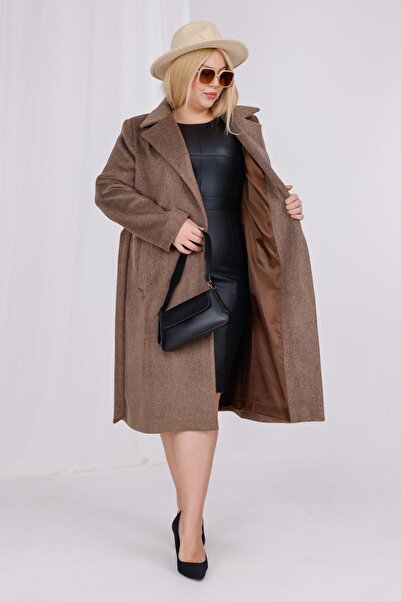 Mooi XXL Women's Brown Melange Wool Cashmere Belt and Lining Detail Plus Size Coat