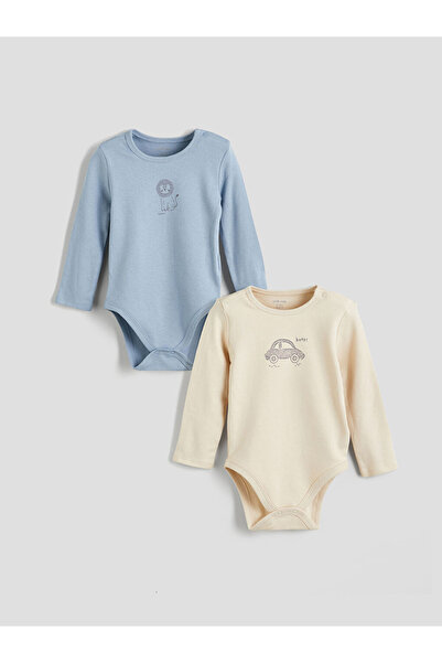 LC Waikiki Blue Printed Baby Boy Snap Fastener Bodysuit, Pack of 2