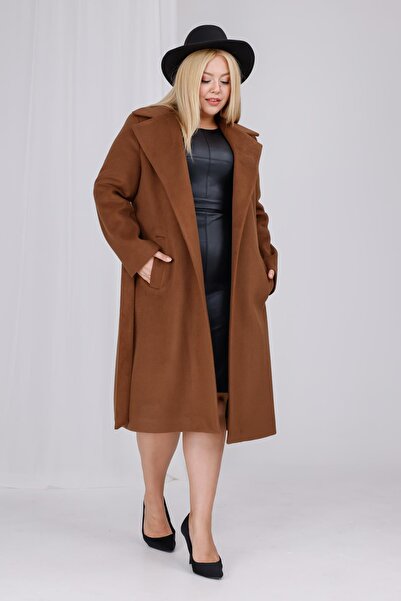 Mooi XXL Women's Brown Wool Cashmere Belt and Lining Detail Plus Size Coat