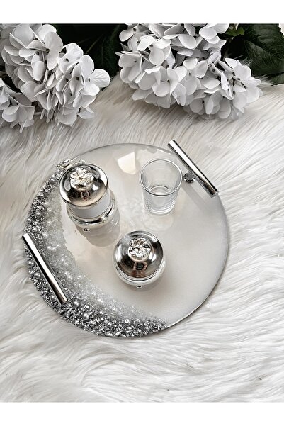 RESİNARTSHOP Epoksi Damat Tepsisi yarımay taş+inci gümüş