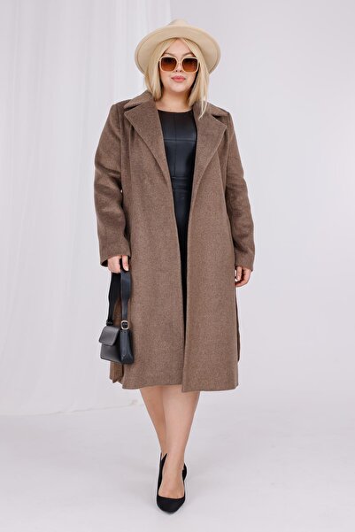 Mooi XXL Women's Brown Melange Wool Cashmere Belt and Lining Detail Plus Size Coat