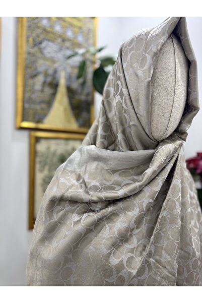 GÜMRÜKÇÜ C Desen Metalik Soğuk Kum Beji Pamuklu İthal Kaşmir İpek Şal Premium Kalite