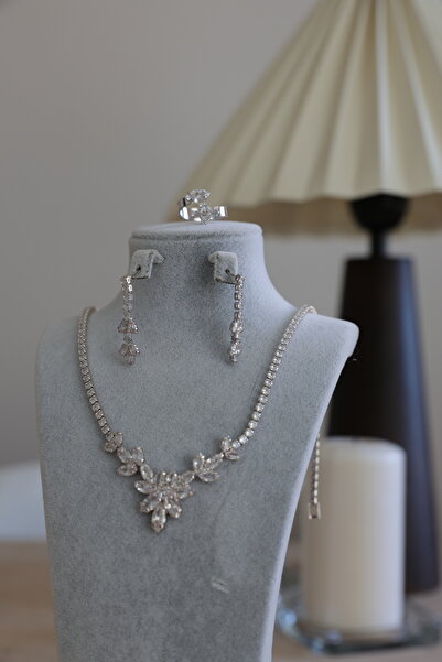 Fashion'Ss Zirkon Taşlı Bridal Set, Kolye Seti, Zirkon Takı Seti, Gelin Takısı, Kolye-Küpe-Bileklik Set