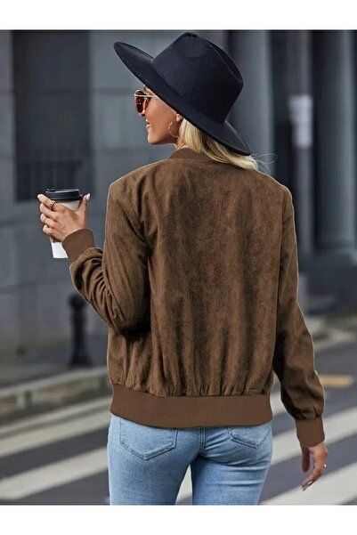 babatr.com Women's Long Sleeve Front Zipper Suede Jacket