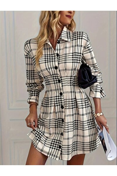 JANES Γυναικείο μίνι φόρεμα με μακρυμάνικο γιακά με κουμπιά μπροστά