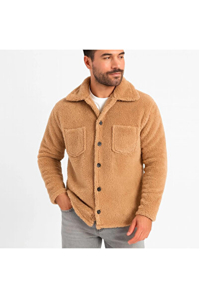 FREEDOM STOREE Plush Fleece Cardigan Shirt Light Brown -