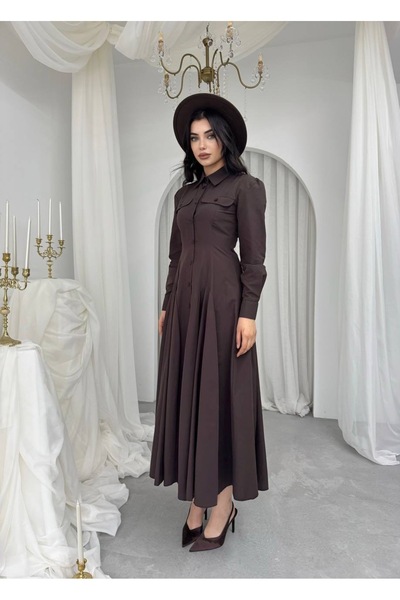 ETİKAFASHION Poplin Pileli Uzun Gömlek Elbise
