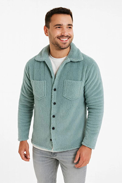 SATIYU BUTİK Asmedo Men's Plush Fleece Cardigan Shirt with Collar, Buttoned B...