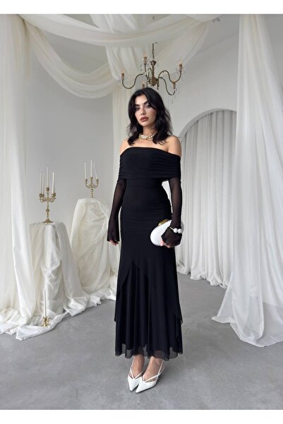 ETİKAFASHION Madonna Yaka Tül Kadın Elbise