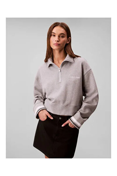 Calvin Klein Kadın Marka Logolu Pamuk Karışımlı Yarım Fermuarlı Şık Görünümlü Gri Sweatshirt LVGWF5W