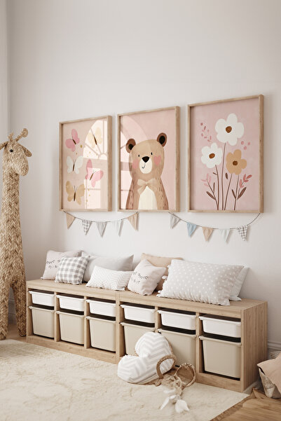 Posteria 3'lü Kız Çocuk Odası, Ormanın En Tatlı Ayıcığı Poster Seti, Çerçevesiz Poster seti