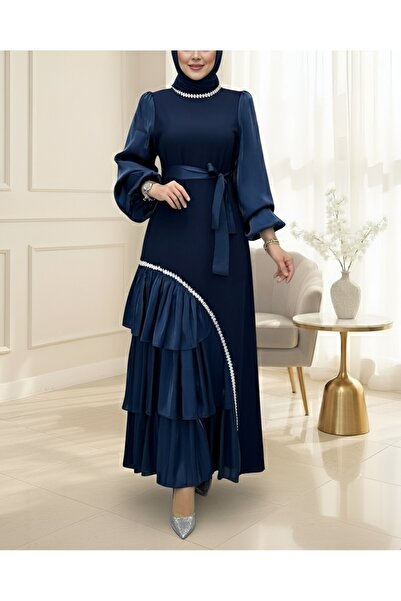 Modamorfo Crepe Dress with Satin Detailing, Stone Belt on the Collar and Skirt - Navy