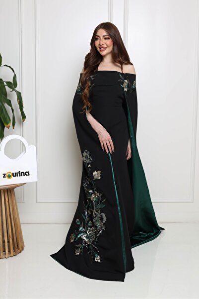 zourina فستان سهره نسائي طويل ذيل لون اسود على بترولي