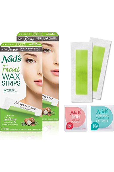 Nad's Face Wax Strips - 48 Face Strips + 8 Soothing Oil Wipes & Skin Protection Powder (Green)
