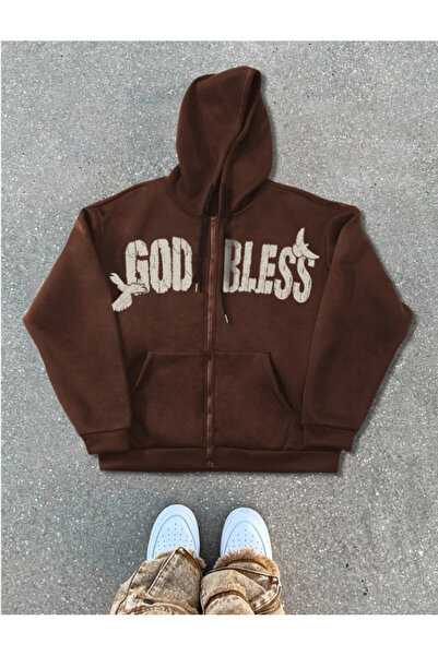 MOONBULL Unisex God Bless Printed Hooded Zippered Three Thread Cotton Winter Sweatshirt