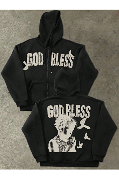 MOONBULL Unisex God Bless Printed Hooded Zippered Three Thread Cotton Winter Sweatshirt