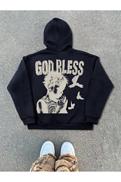 MOONBULL Unisex God Bless Printed Hooded Zippered Three Thread Cotton Winter Sweatshirt